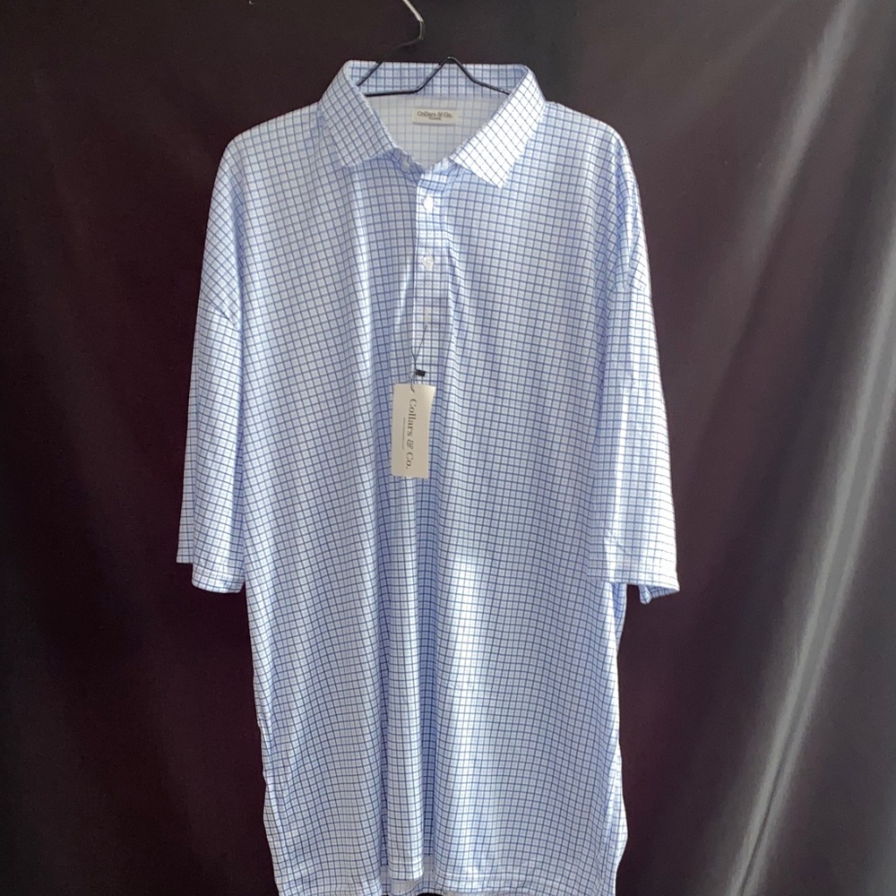 NWT COLLARS & CO MENS SIZE 4XL  Light Blue Grid POLO‎ Shirt